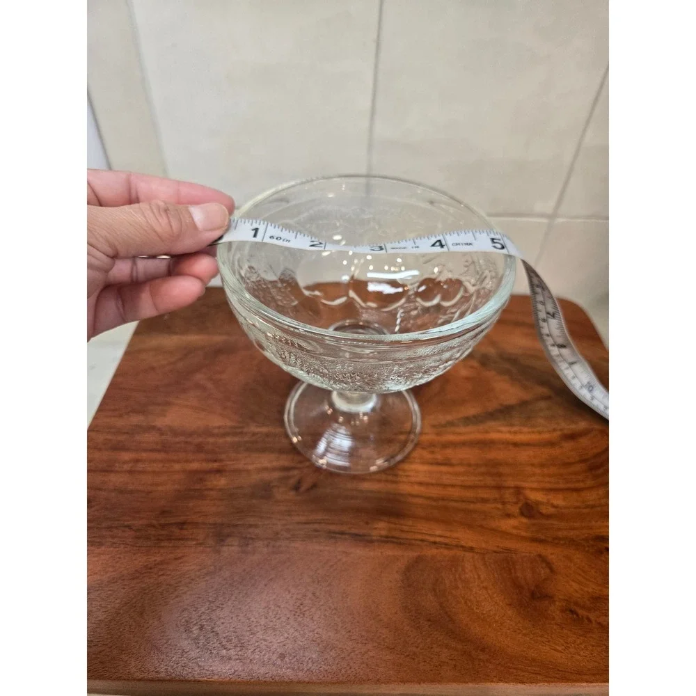 Vintage French Clear Pressed Glass Footed Dessert Coupe Embossed Leaf Berry Bowl